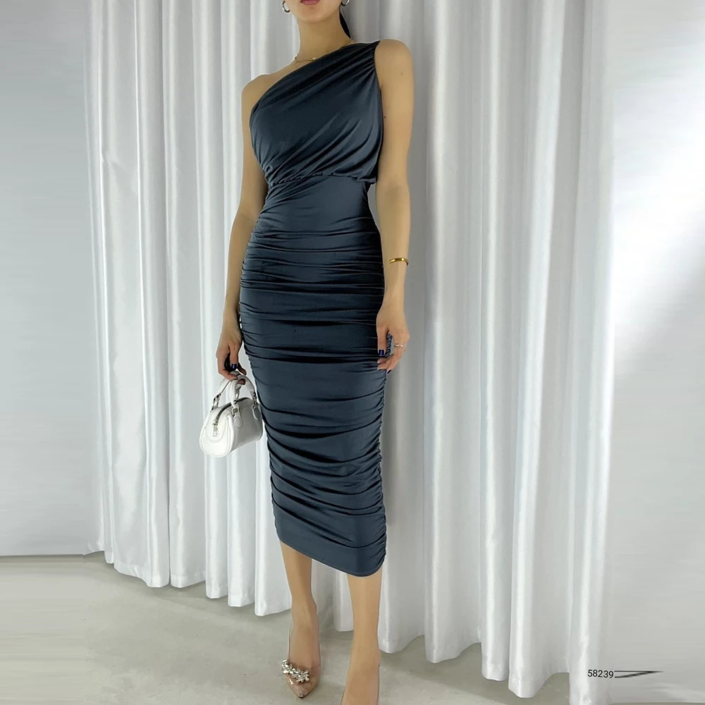 

OEING One Shoulder Prom Dresses Backless Pleated Elegant Satin Mermaid Sleeveless Wedding Party Dress Evening Gowns Wear Robes