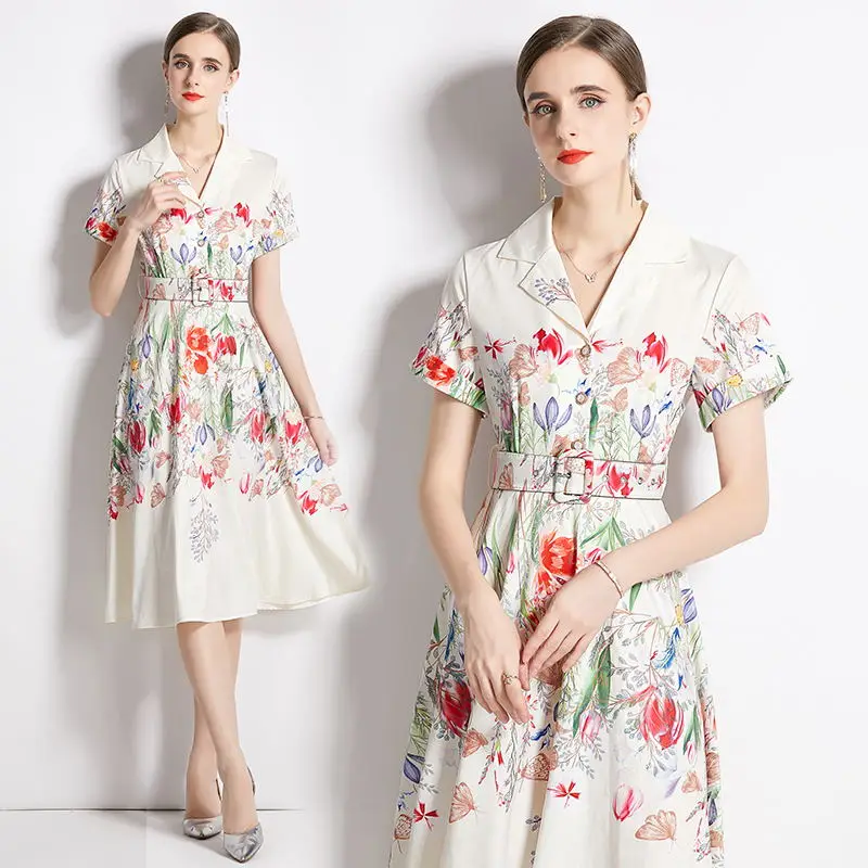 

Sweet Retro French Gentle Women Summer Short Sleeve Dresses Slim High Waist Hepburn Style Big Swing Floral Vestidos with belt
