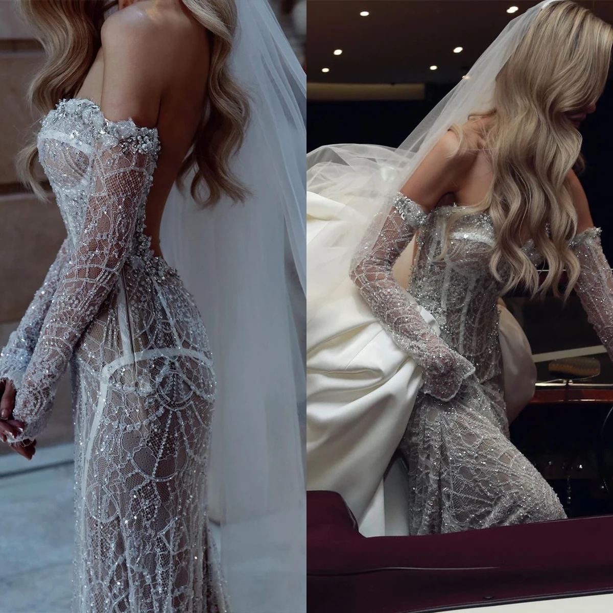 Sensual Beaded Backless Mermaid Long Gown Brown
