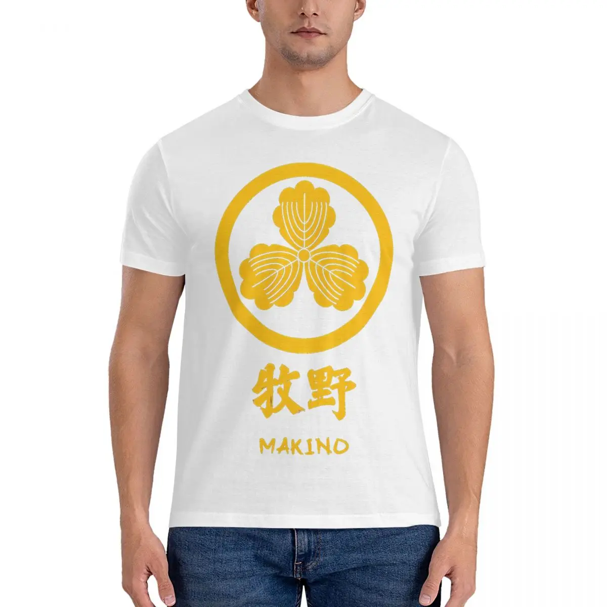 thumbnail image 1 of Camisetas divertidas de Makino Kamon para hombre, de algodón puro, cuello redondo y manga corta con el logotipo del clan japonés., 1 of 7