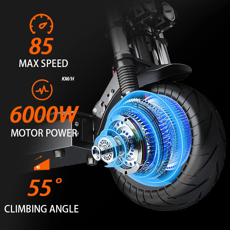 85km/h Fast Electric Scooter 6000W Dual Motor Escooter 13 inch Big Wheel Hydraulic Brake Folding Long board Duty Free EU Stock