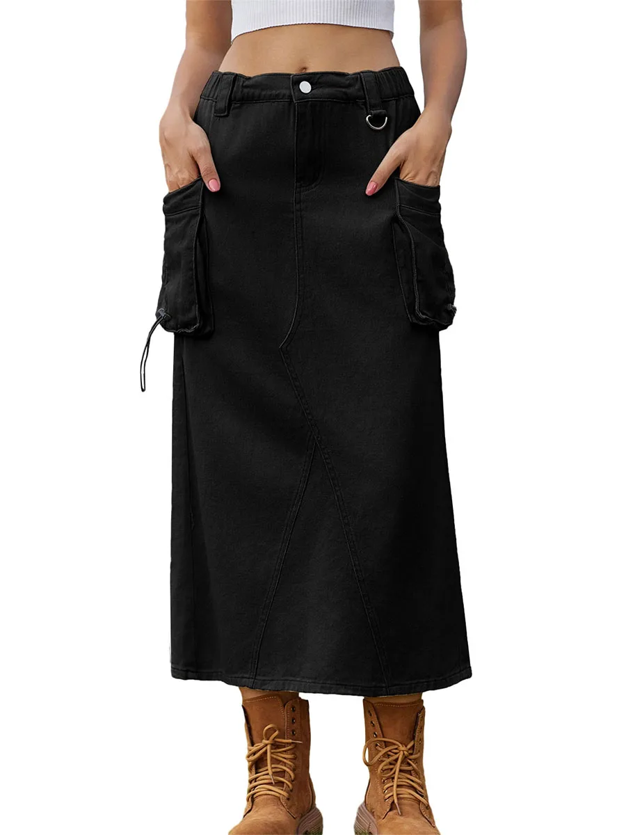 

Edhomenn Women s Midi Cargo Skirt Solid Color Drawstring Denim Skirt with Pockets Y2k Long Skirt Streetwear