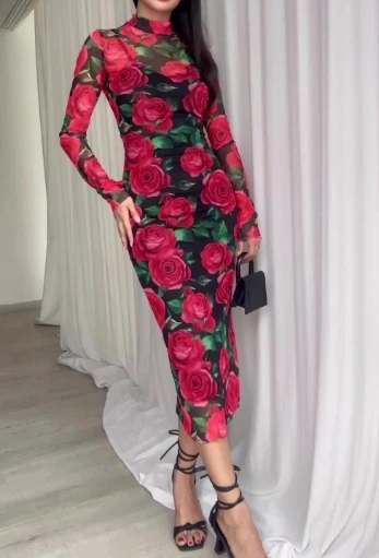 

New 2023 Casual Slimming Temperament Commuter Celebrity Sexy and Fashionable Floral Print Slimming Tight Fitting Dress for Women