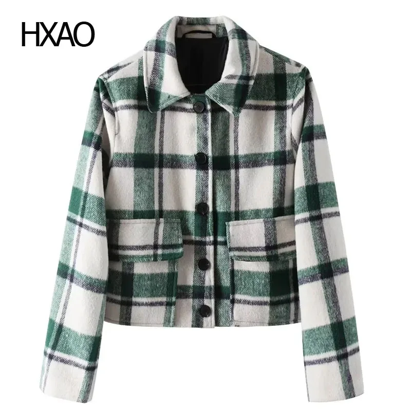 

HXAO Cropped Jacket Women Plaid Wool Blends Coats Demi-Season Jackets Elegant Coat Woman New In Outerwears Crop Bomber Jacket