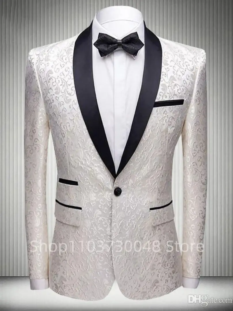 White Jacquard Men's Wedding/Business Blazer Slim Fit 1 Pcs Slim Fit Smoking Jacket Shawl Lapel Italian Style Fashion Suit Coat