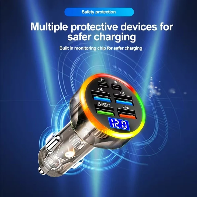 250W Car Charger Quick Charge Cigarette Lighter Adapter 6-Port USB A+USB C Fast Charging Phone Charger for iPhone Xiaomi Samsung 5