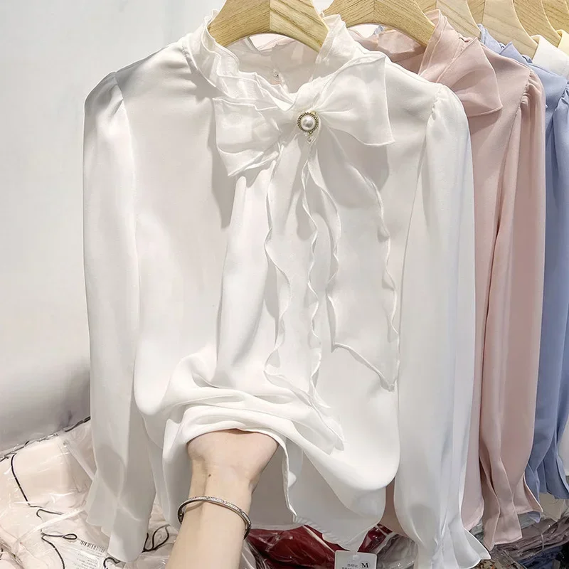 

Женская шифоновая плиссированная рубашка, элегантная однотонная блузка с длинным рукавом и воротником средней длины, весна V1416