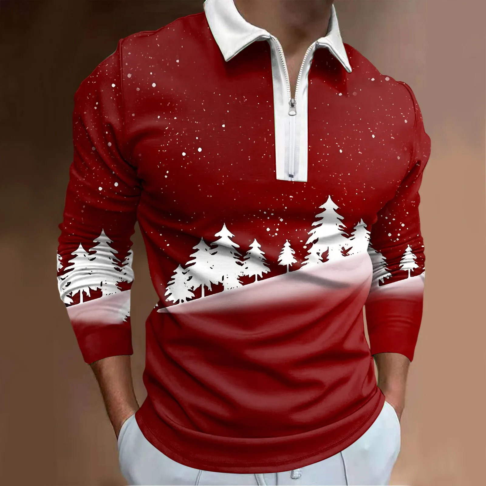 

Mens Christmas Polo Shirts Xmas Tree Printed Zipper Turn Down Collar Long Sleeve Tees Fitness Gym Sports Jogger Polo Shirts Male
