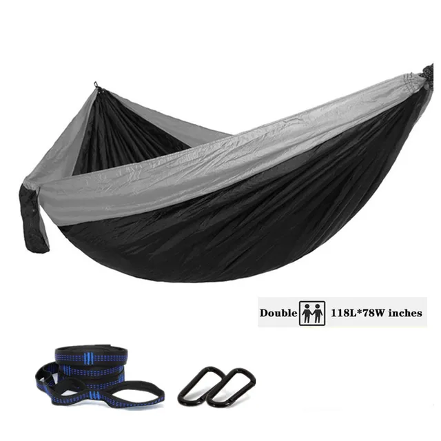 Oversized Double Camping Hammock,Portable Tree Straps Hammock ,210T Nylon Travel Hammock, Lightweight Parachute Hammocks Gray and black