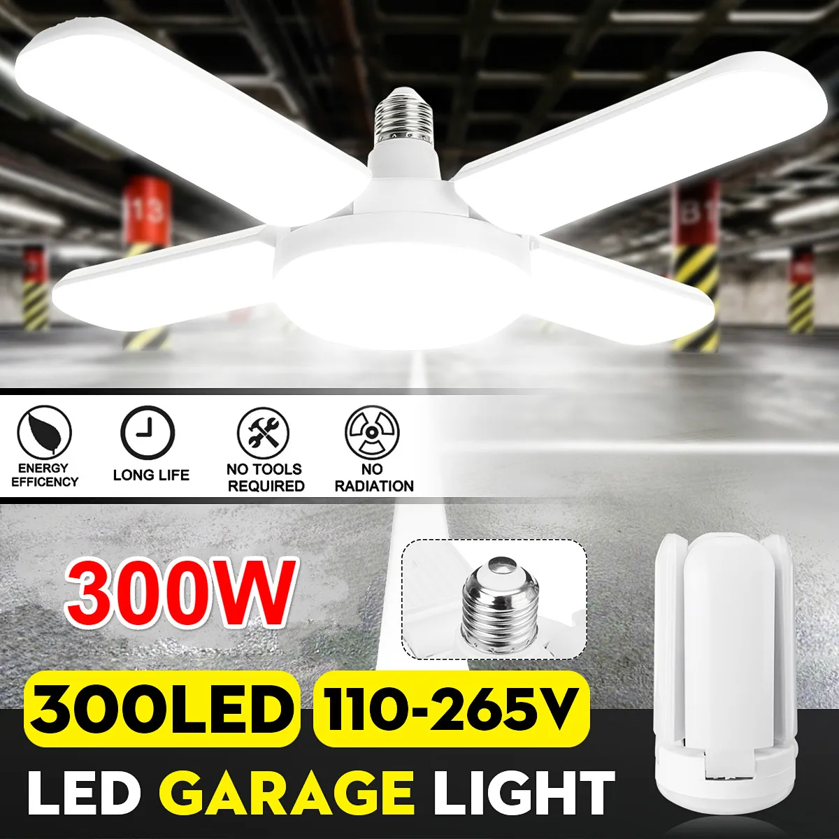 

300W 6500K AC110-265V LED Garage Lights Foldable E27 Bulb 4 Adjustable Fan Blades Deformable Workshop Warehouse Ceiling Lighting