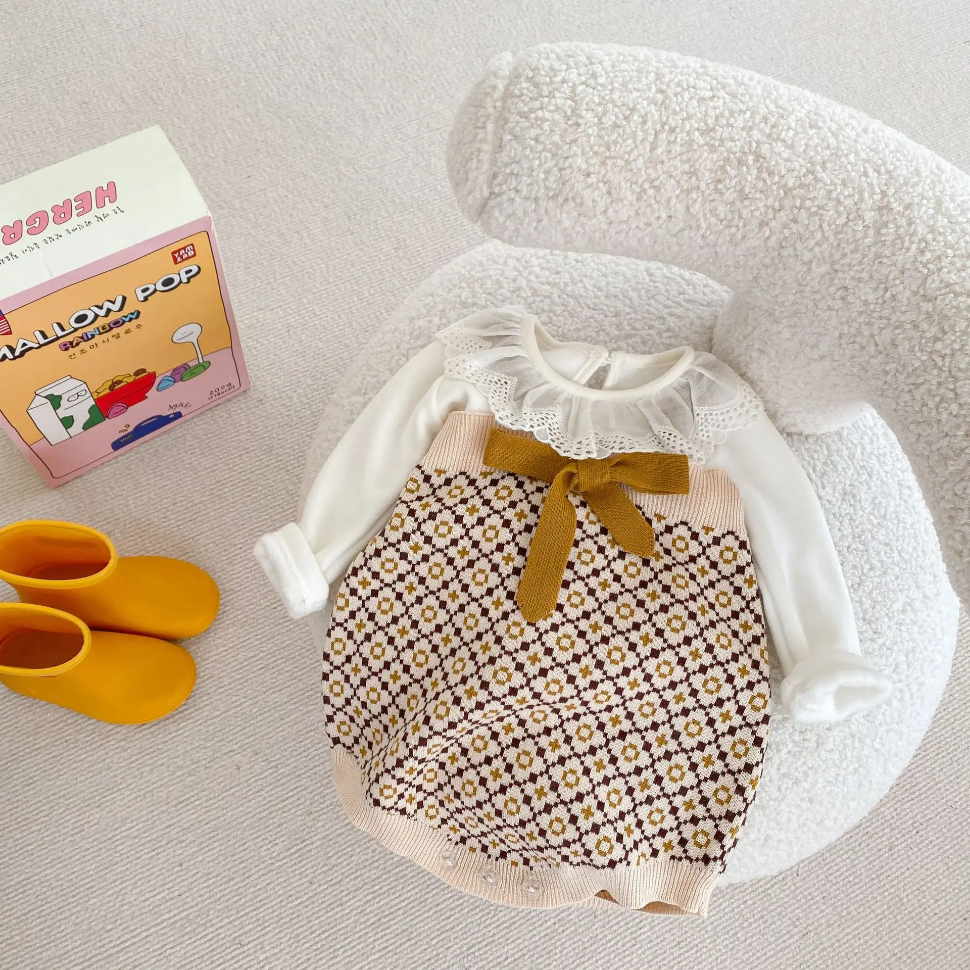 

Осень 2022, клетчатый жаккардовый комбинезон для маленьких мальчиков, Вязаный комбинезон для маленьких девочек, милый Универсальный комбинезон без рукавов с бантом