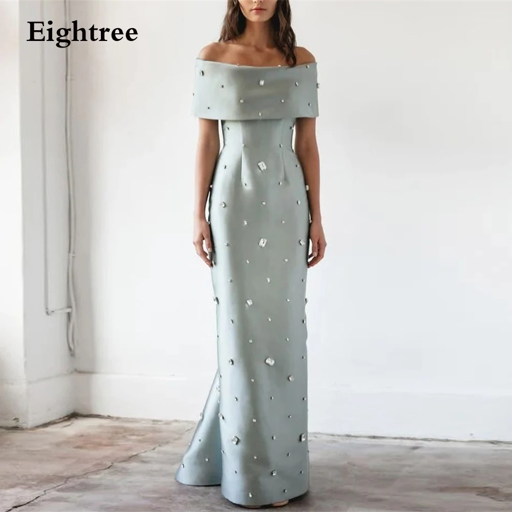 

Eightree Modern Mint Green Beach Prom Gowns Crystals Off Shoulder Dubai Saudi Arabic Boat Neck Long Evening Dresses Satin Beads