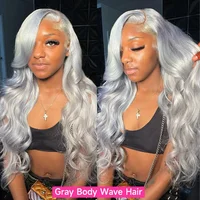Perruque Lace Front Wig Body Wave Naturelle, Cheveux Humains, Couleur Grise Argent, Pre-Plucked, Transparent HD, 13x4 2