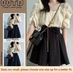 Trendy Summer Suit Women's Petite Pleated Short Sleeve Square Collar Blouse Bow Skirt 2-piece Set Fashionable