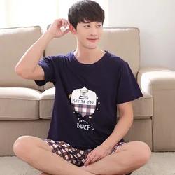 Newest Summer Knited Cotton Men Pajamas Set Plaid Pijamas Short Sleeve Men's Pyjamas Loose Male Sleepwear