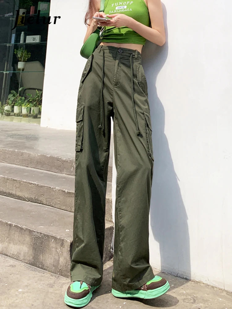 

Jielur American Fashion Hip-hop Women Overalls High Street Cargo Pants Army Green Apricot Trousers Multi-pockets Wide Leg Pants
