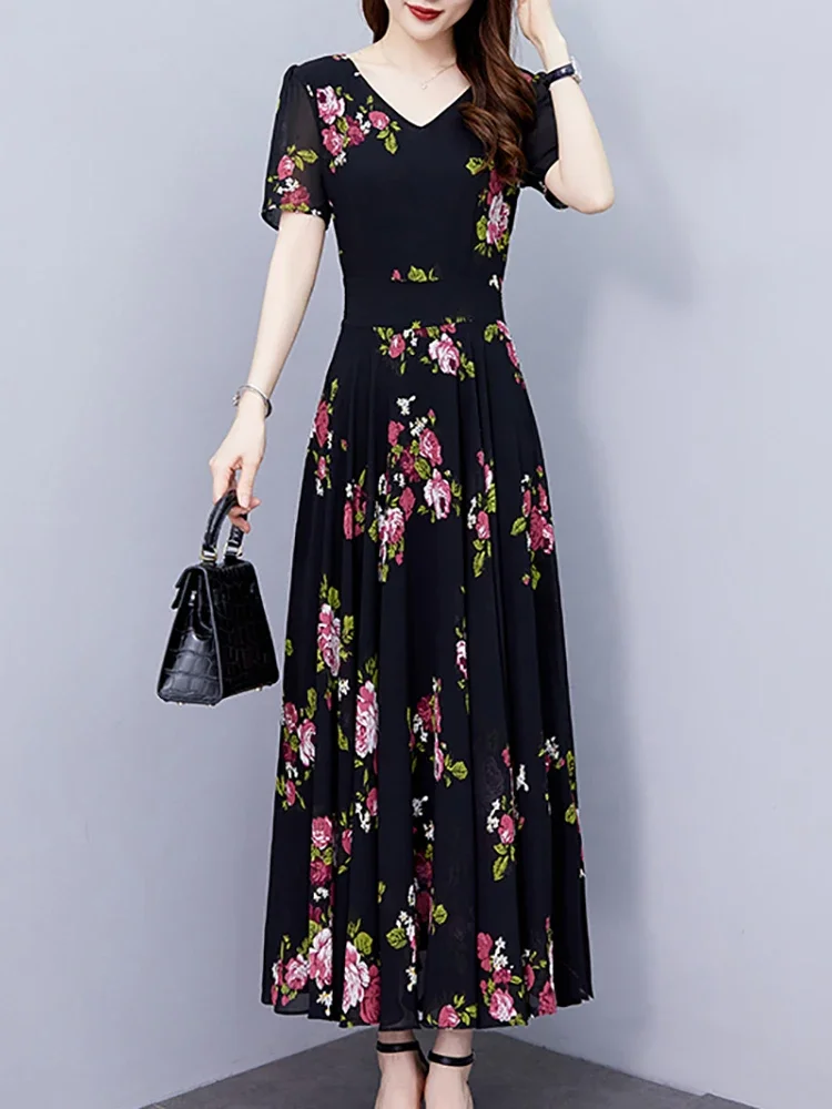 

Vintage Print Black Casual Chiffon Maxi Robe Summer Luxury Chic Prom Party Dress Women Elegant Bodycon Night Long Vestidos L187