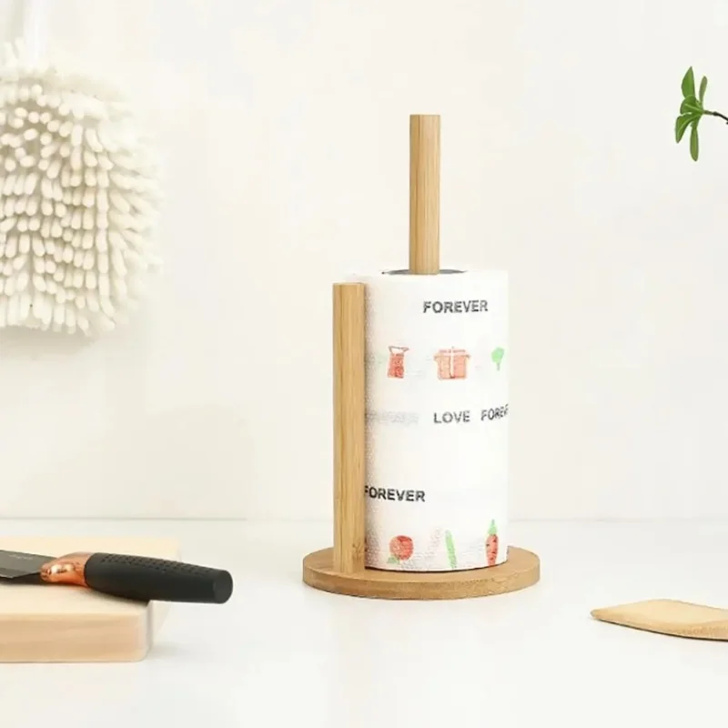 Vertical Wooden Roll Paper Shelf Storage Rack Kitchen Paper Towel Rack Japanese Style Plastic Wrap Lazy Cling Film Rag Holder 5
