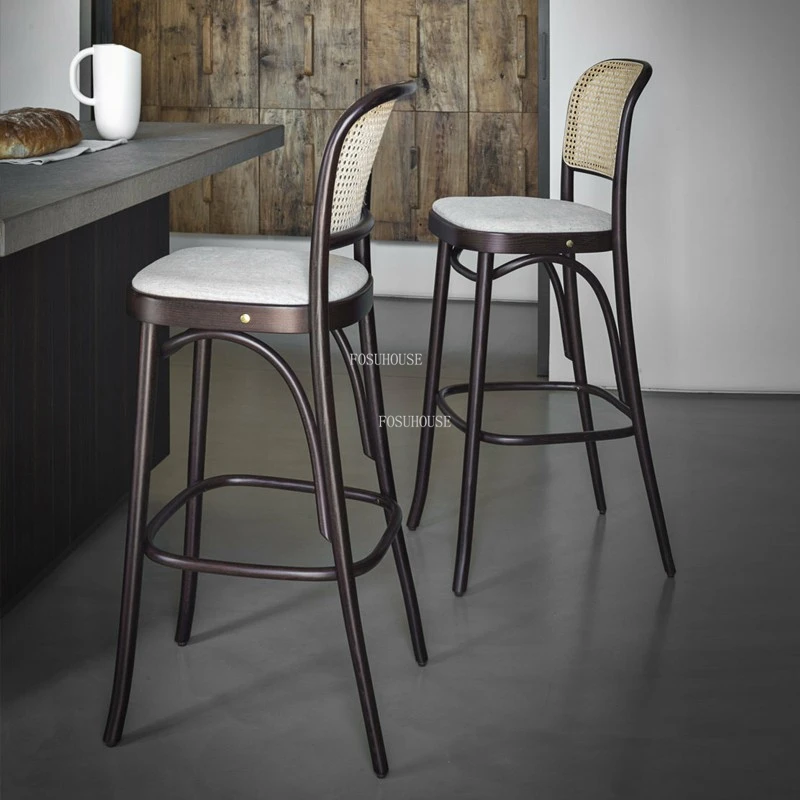 

Modern Japanese Rattan Bar Chairs Retro Backrest Leisure Solid Wood Bar Chairs Stool Hotel High Taburetes Cocinas Home Furniture