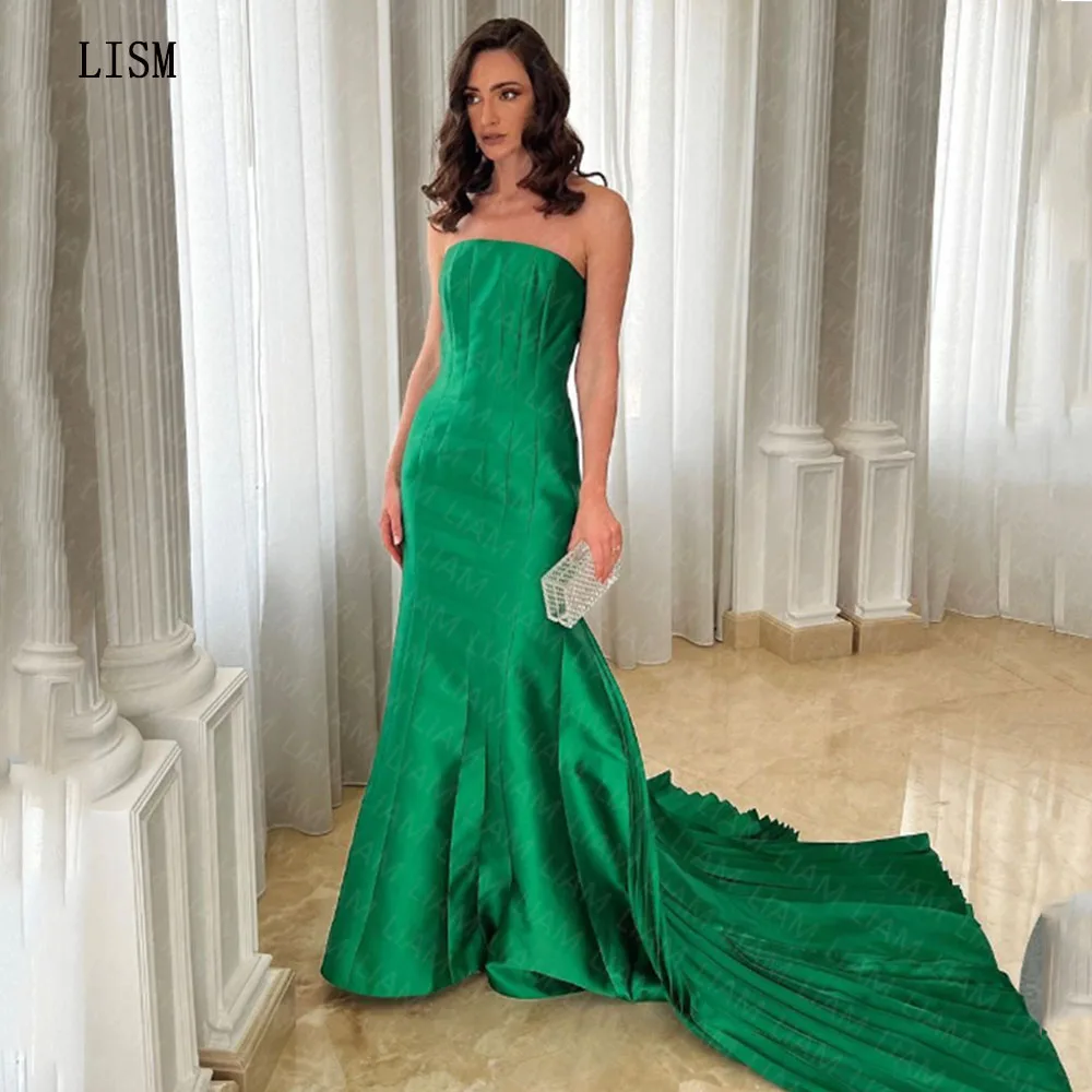 LISM Mermaid Strapless Green Court Train Satin Formal Evening Party
