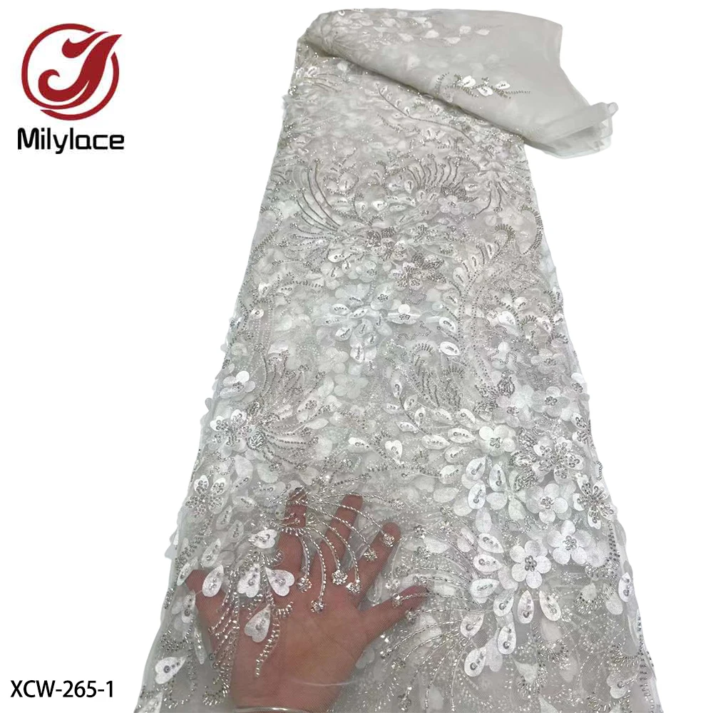 

Luxury Heavy Handmade Bead Tulle Lace 2023 High Quality 3D African Sequins Lace Fabric for Bride Evening Dress XCW-265