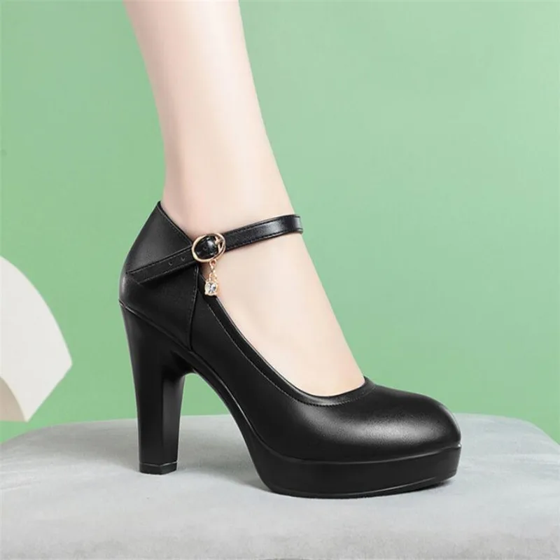 Genuine Leather Shoes Women Round Toe Platform Pumps Sapato Feminino High Heels Fashion Ladies Black Work Shoes Plus Size 34-42