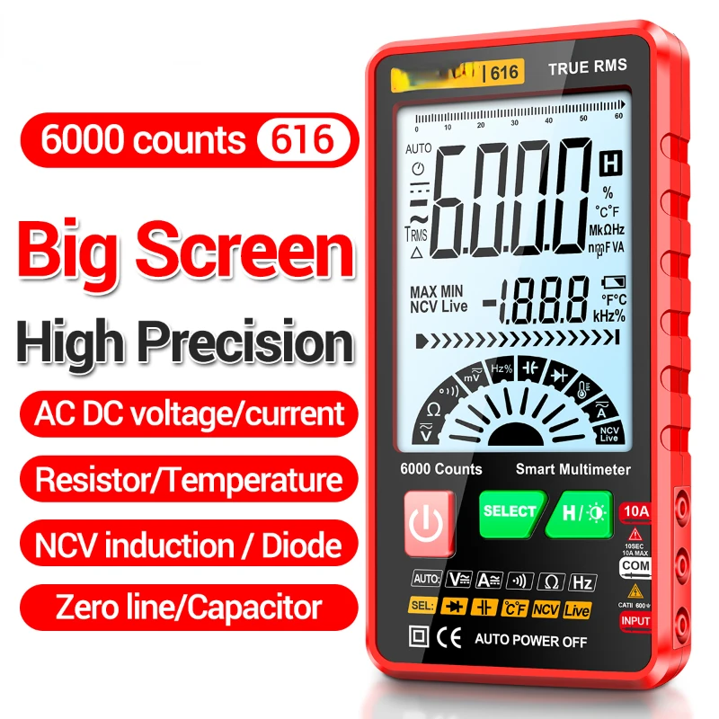 

616 Large Screen Backlight Multimeter Digital Intelligent Multimeter 6000 Counts Mini Portable Multimeter AC/DC Test Tool