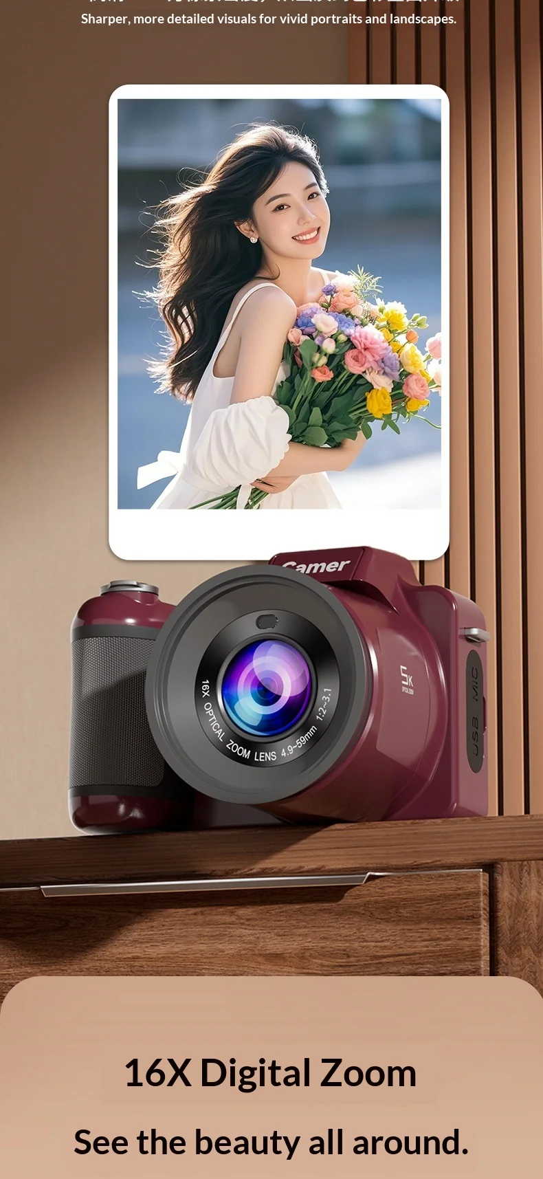 Camer 5K HD DSLR Digital Camera 64MP CCD With 16X Optical Zoom Lens AF Auto Focus Portable Video Recorder For Students Beginners