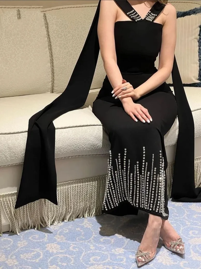 

Black Sexy Mermaid Off Shoulder Crystal Ankle Formal Occasion Ball Party Evening Dress Evening Party Women's Robe Customization