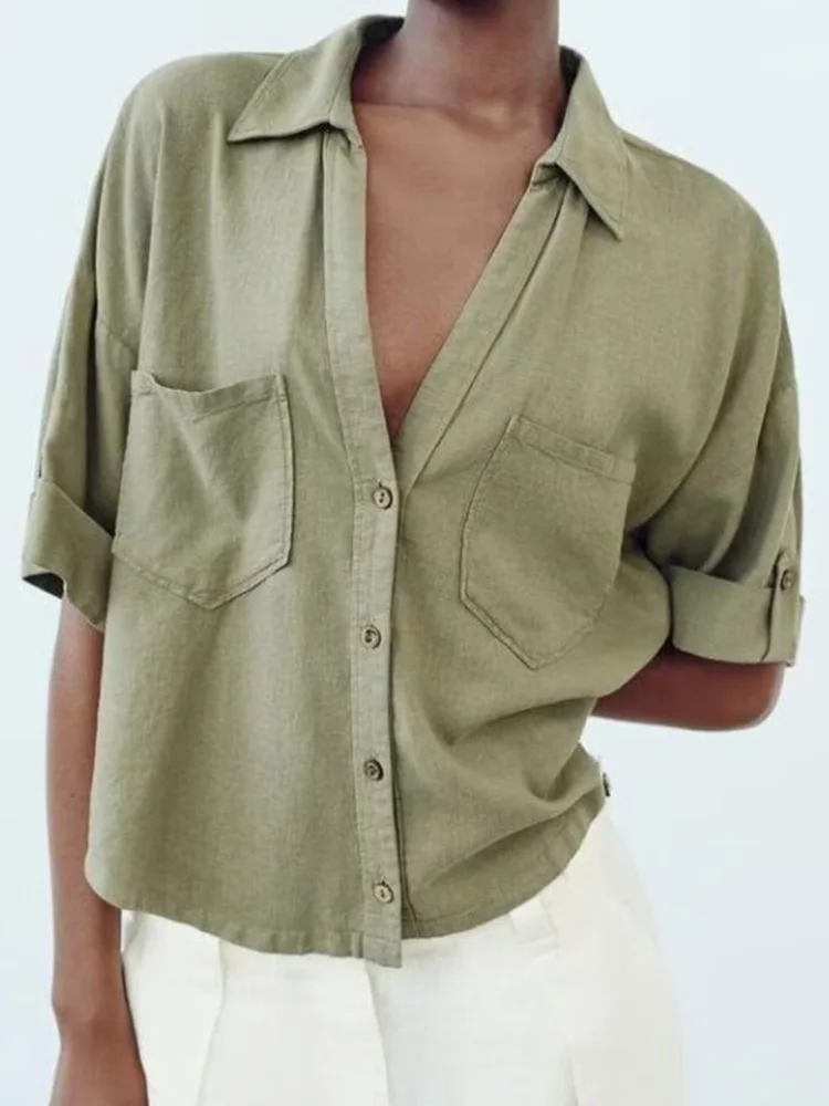 

Женская Летняя короткая модель 2024, модный однотонный свободный льняной женский элегантный уличный топ с V-образным вырезом и карманами