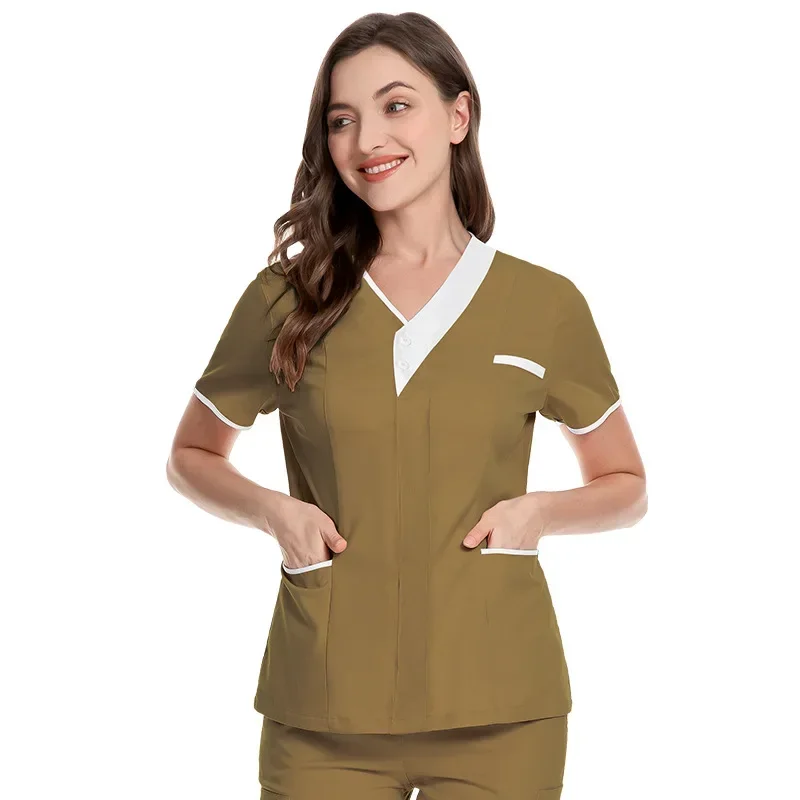 Surgical clothing beauty salon work clothes doctor short-sleeved tops V-neck female nursing technician uniforms medical scrubs