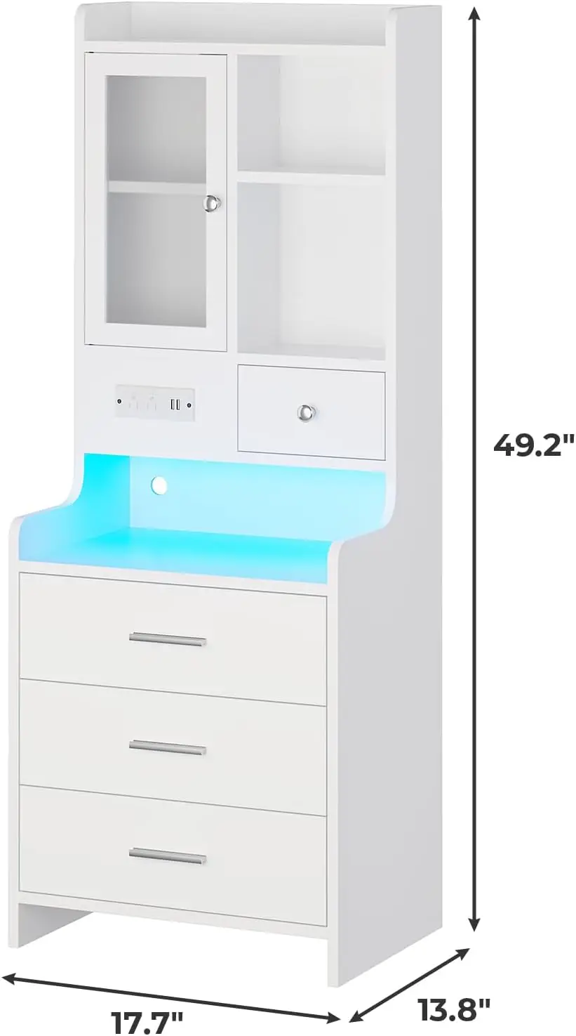 White Nightstand Set of 2 with Charging Station 49.2" LED Night Stand for Bedroom,Tall Bedside Table with Bookshelf and Drawers