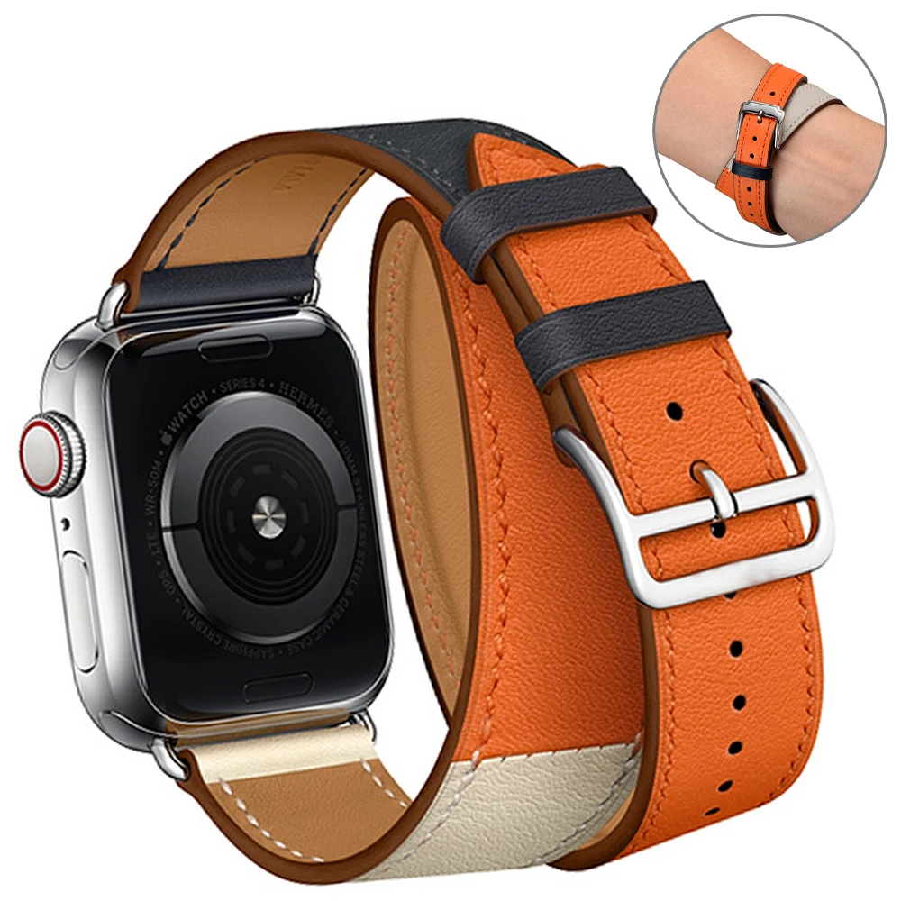 

Double Tour Leather Strap for Apple Watch Band 8 7 6 5 4 SE 40mm 44mm 41mm 45mm Extra-long Strap for IWatch Belt Ultra 3 Correa