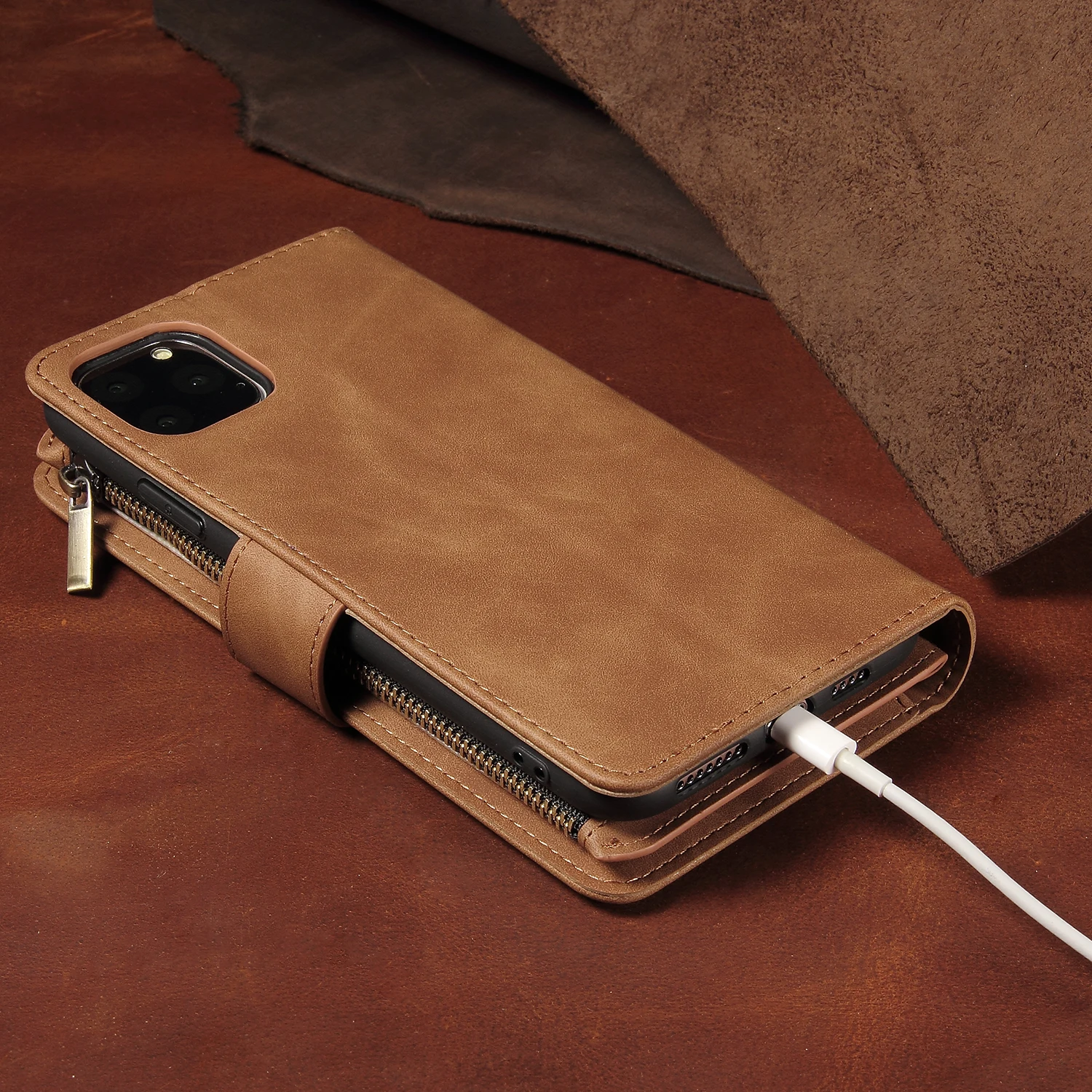 Premium Leather Wallet Case For iPhone 16 15 14 13 12 11 17 Pro Max Plus 17Air 16e Zipper Wallet Card Slots Magnetic Flip Cover