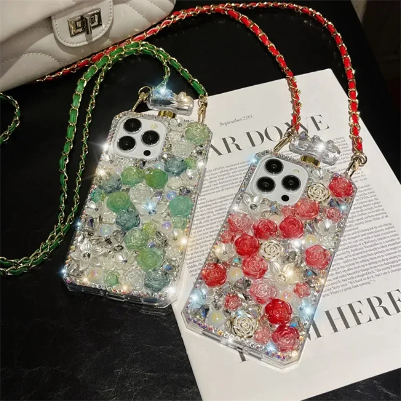 Luxury Bling Rose Flowers Crossbody Diamond Phone Cover For iphone 15Pro 14Plus 13 Pro 12 Mini 11Pro MAX XSMAX XR 7 8 PLUS Case