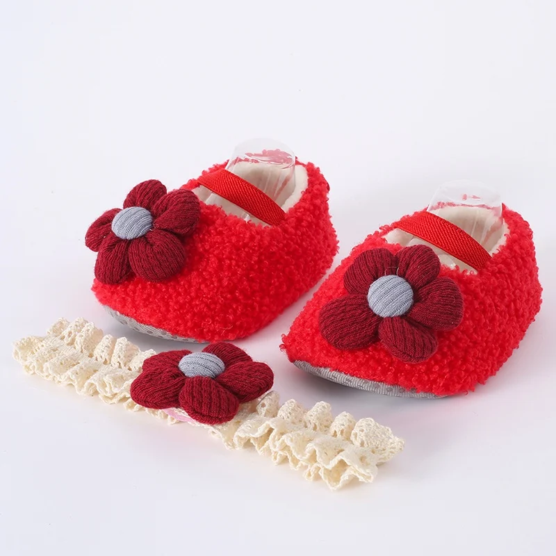 Winter Baby Girls Cotton Shoes Warm Plush Flower Toddlers Prewalkers Infant Soft Bottom First Walkers With Hairband