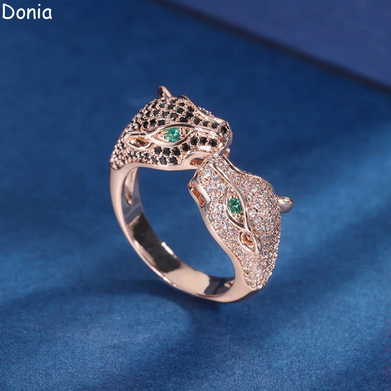 

Donia Jewelry Luxury two-headed leopard titanium steel miniature inset AAA grade zircon ring European and American open ring