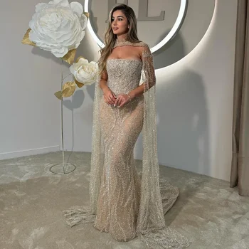 Nude Strapless Mermaid Evening Dress SERENE HILL Gown with Detachable Cape Lace-Up Back for Formal Occasion GLA72824 Customized 1