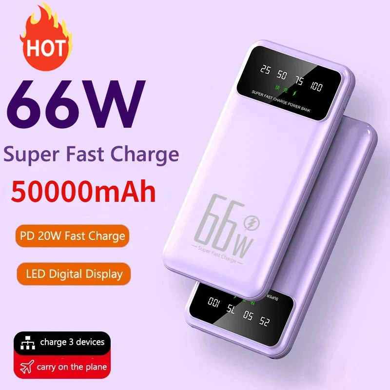 

2024 New Power Bank 50000mAh 66W Super Fast Charging for Huawei Samsung Portable EXternal Battery Charger for IPhone Xiaomi
