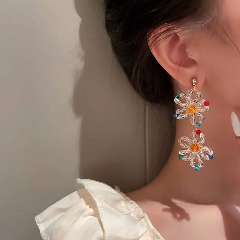 

Crystal Clear Beaded Flower Stainless Steel Dangle Earrings for Women Sweet Dangle Earrings Fashion Jewelry Gifts