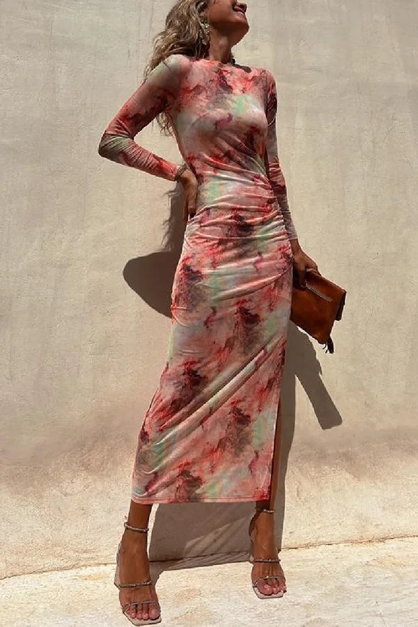 

2023 New Autumn Mesh Sexy Printed Slim Stretch Long-sleeved Dress Vestidos De Tricô Femenino