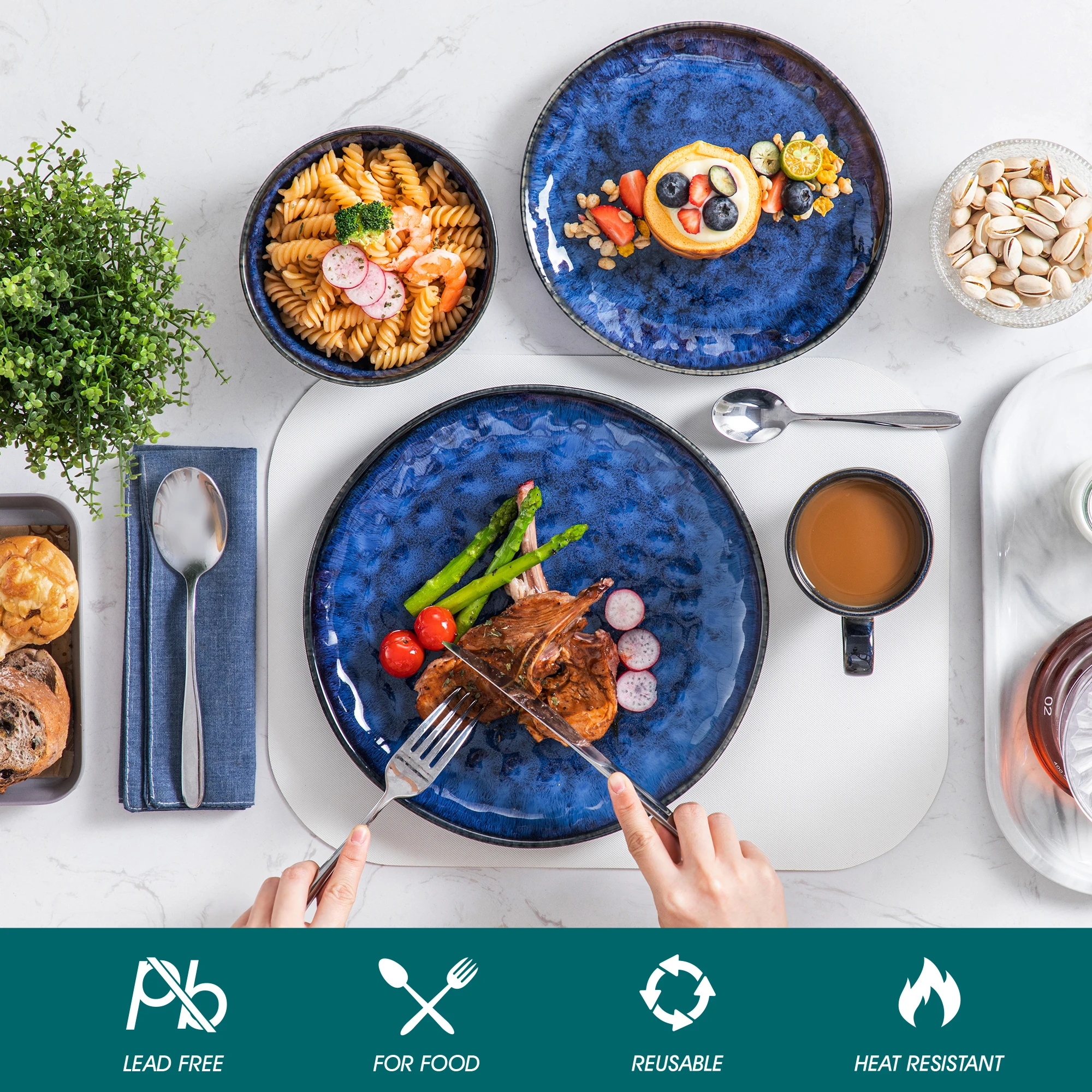 VANCASSO 16/32/48-Piece Starry Blue Dinner Set,Kiln Change Glaze