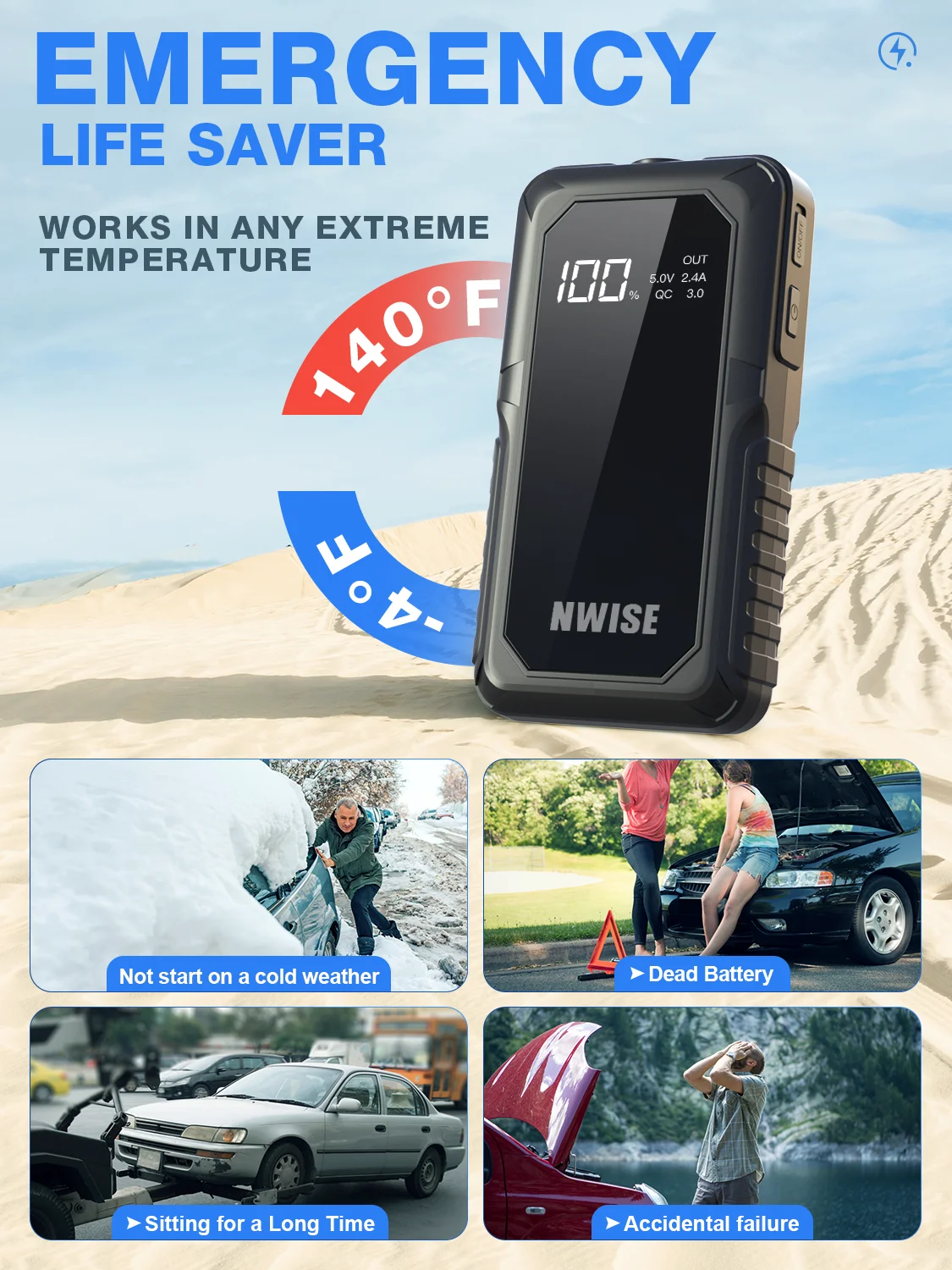 Car Jump Starter NWISE 2000A Car Power Bank Jump Starter Portable Emergency Starter Auto Car Battery Charger Booster 12V Starting Device