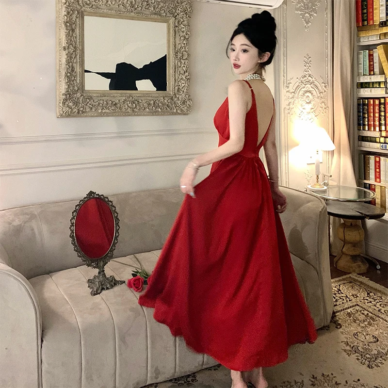 Sexy Spaghetti Strap Evening Party Dress V-neck A-line Solid Vintage Long Dresses for Women Wedding Prom Robe One Piece Vestidos