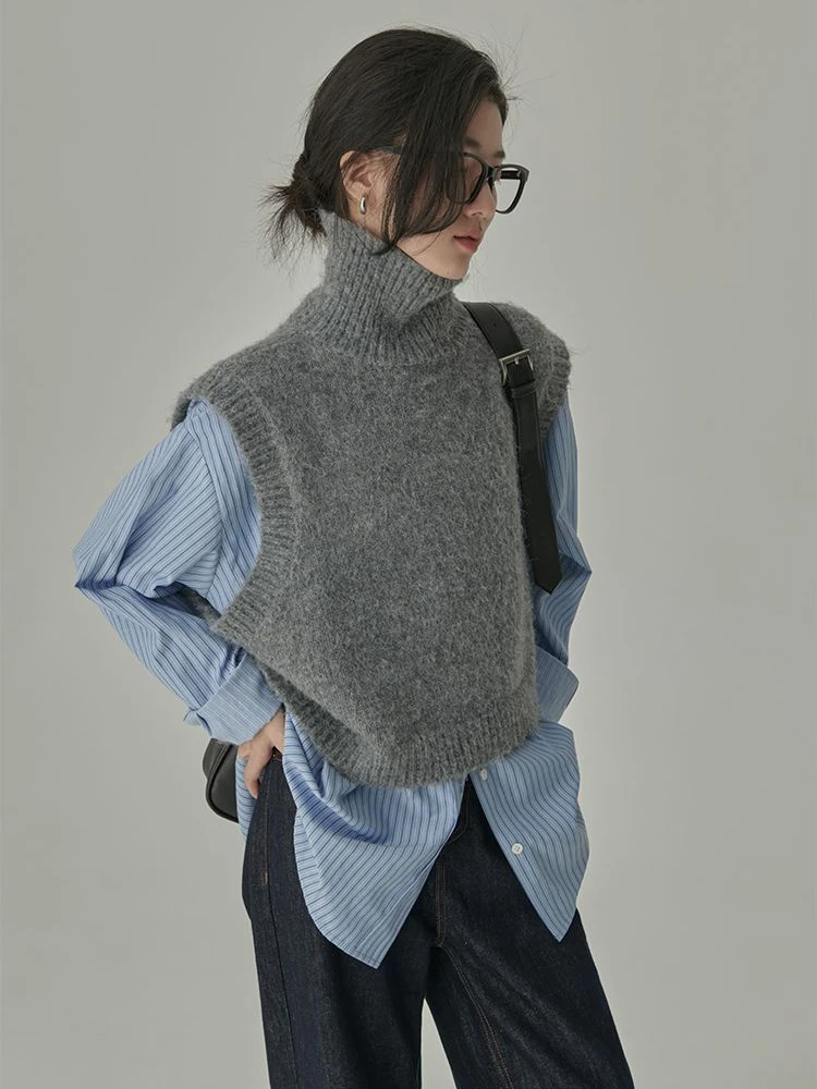 Turtleneck Sweater Vests Women All-match Loose Elegant Solid Minimalist  Korean Fashion Style Office Ladies Knitwear Ropa Mujer