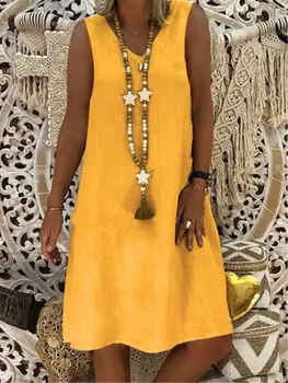 Gilet senza maniche con scollo a V giallo alla moda da donna estiva Abiti 2024 Mini abito allentato patchwork in lino di cotone casual da donna 1