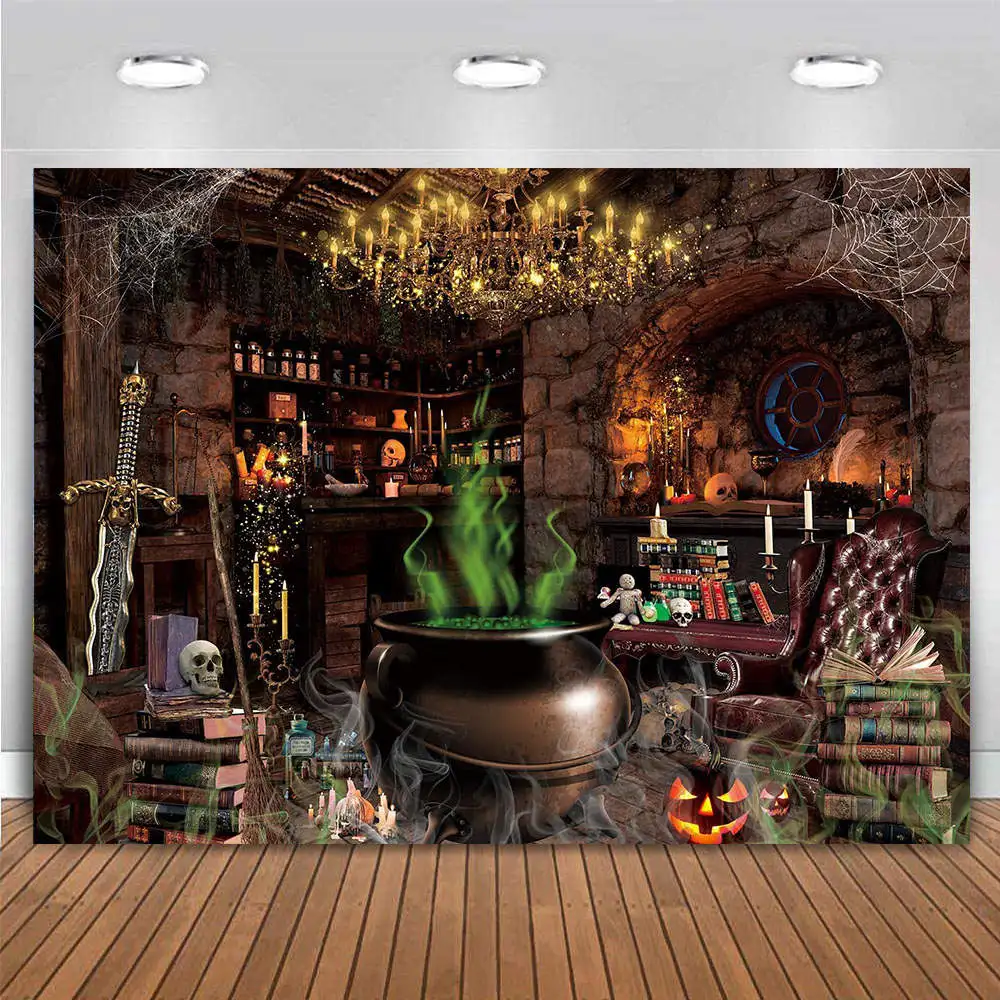 유령 방 마녀 연금술사 마법의 배경 마법사 파티 장식, 마법의 책장 배경 인테리어, 고대 실험실 할로윈-Freehip.co.kr