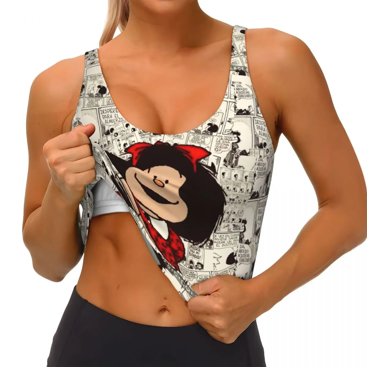 Women Anime Mafalda Sports Bras Cartoon Kawaii High Impact Gym Workout Running Crop Tank Tops