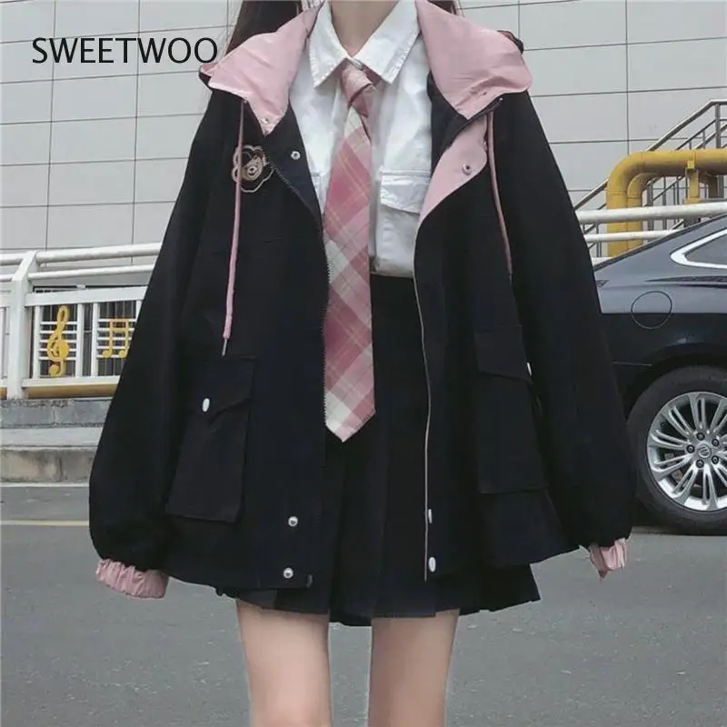 Japanese Kawaii Zipper Pink Woman Black Jacket Korean Color Matching Winter Clothes Loose Cute Female Tops Coat Manteau Femme winter jackets women lamb wool japanese soft girl cute plus velvet hooded coat loose warmth korean color matching woman jacket