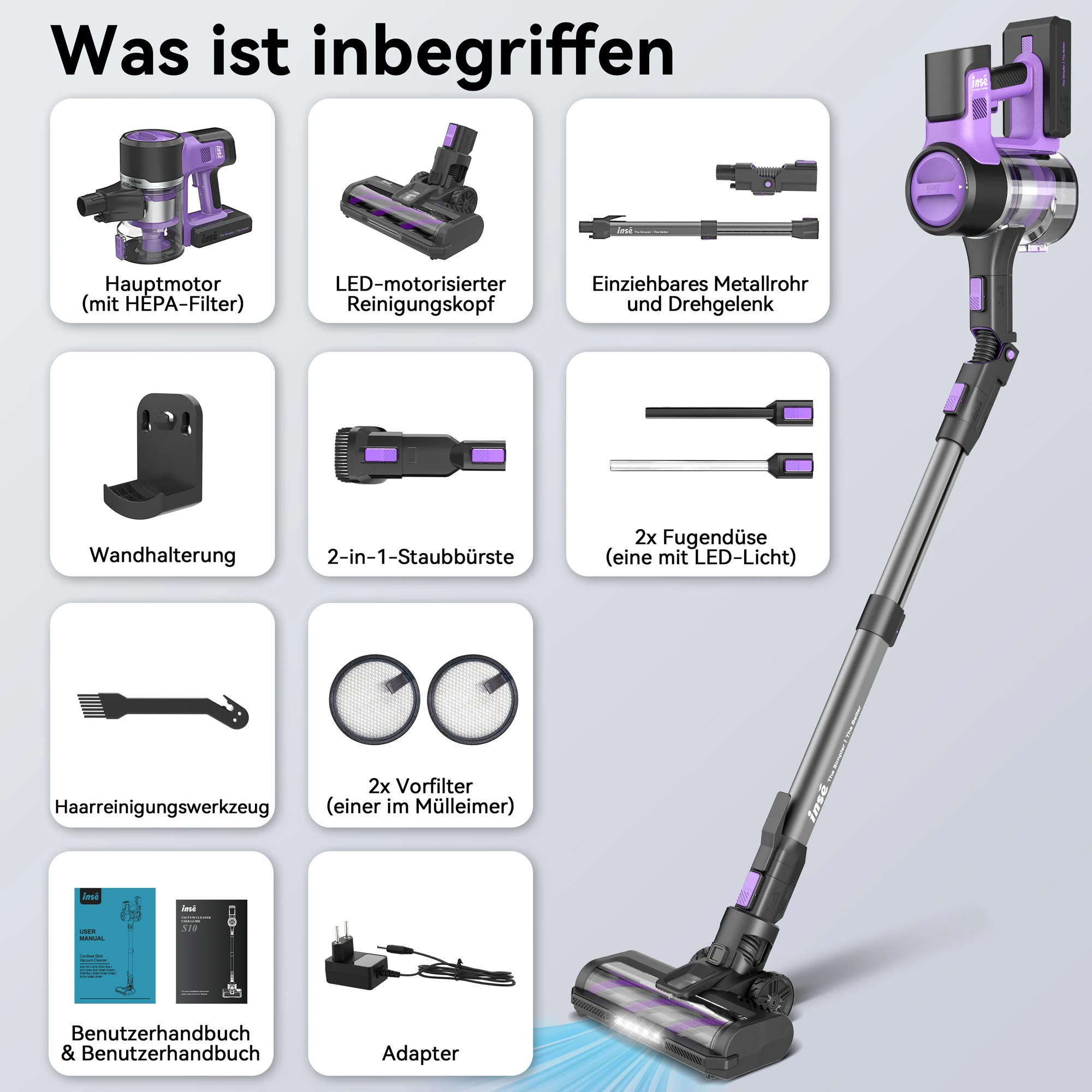 INSE S10 Cordless Vacuum Cleaner, 6-in-1 Stick Vacuum with 30Kpa 350W Suction, Max 50 Min Runtime Rechargeable Vacuum Cleaner 6